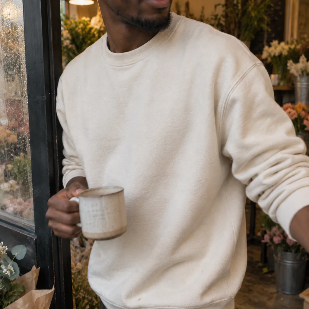 A person carrying a mug through a flower shop doorway