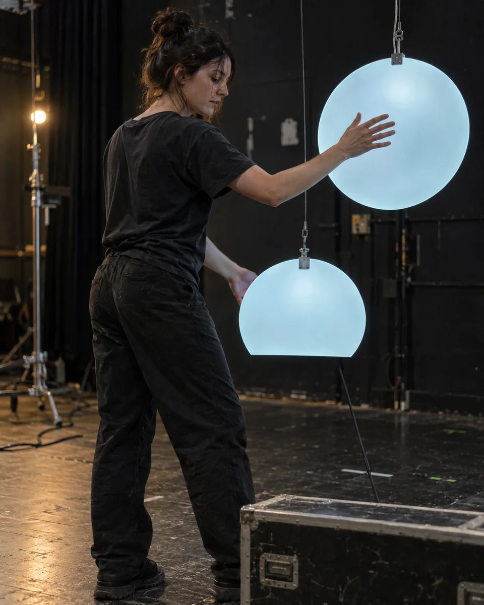 A studio technician arranging illuminated circular panels